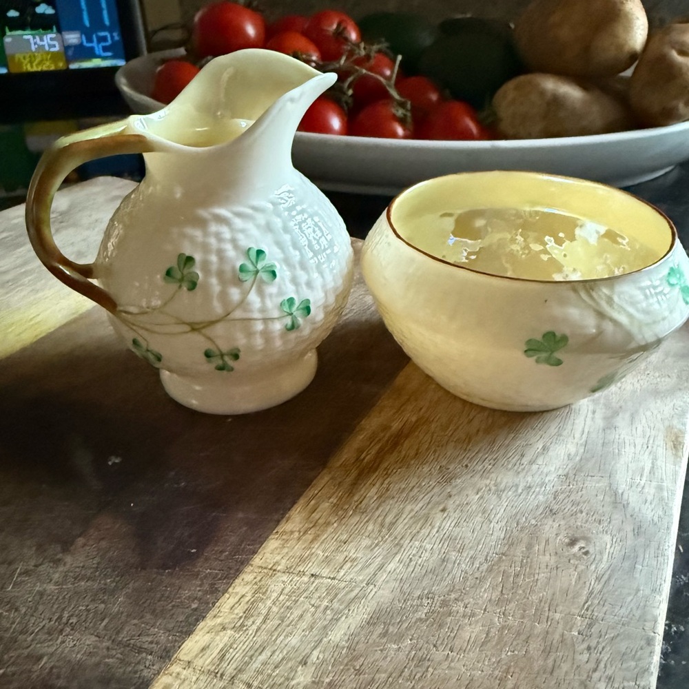 Vintage Irish Belleek Cream and Green Shamrock creamer and bowl